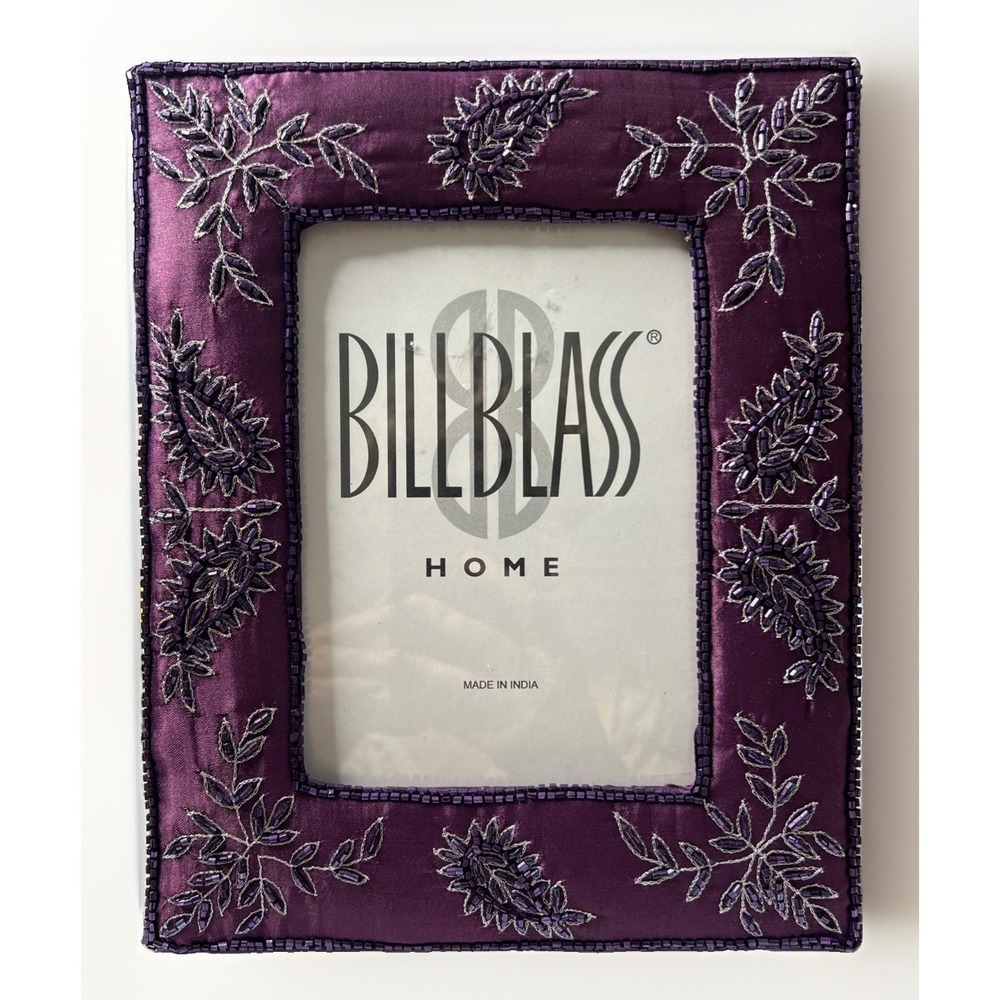 Bill Blass Home Purple Beaded Fabric 5x7 Picture Frame Floral Mint‎
